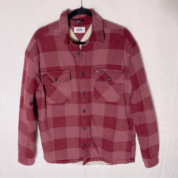 Tommy Jeans Red Plaid Sherpa Lined Casual Fit Button Up Shacket Light Jacket M - Picture 1 of 16